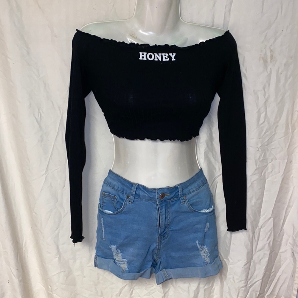 off the shoulder “honey” crop top with jean shorts